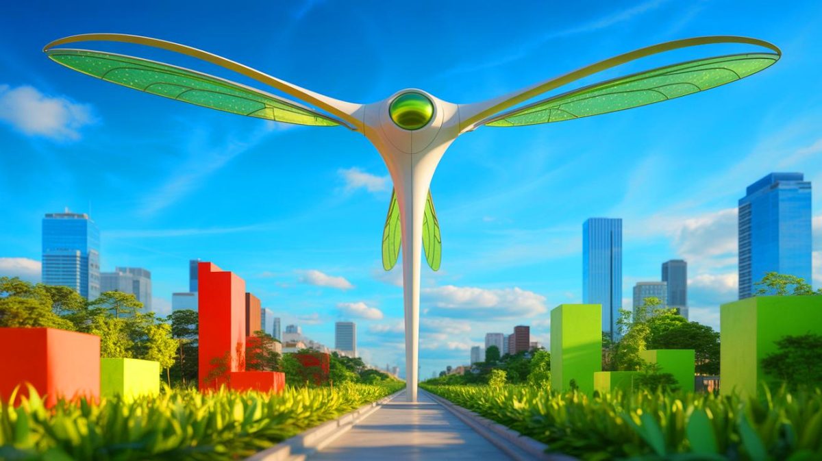 Illustration de la Turbine Dragonfly inspirée des libellules pour une intégration urbaine discrète. Image réalisée par IA.