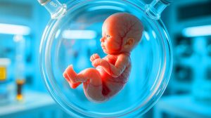 Illustration de la stratégie immunitaire du placenta simulant une infection virale pour protéger le fœtus. Image réalisée par IA.
