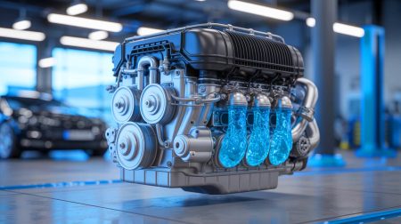 Illustration de la puissance d'un moteur à eau innovant de 410 chevaux. Image réalisée par IA.