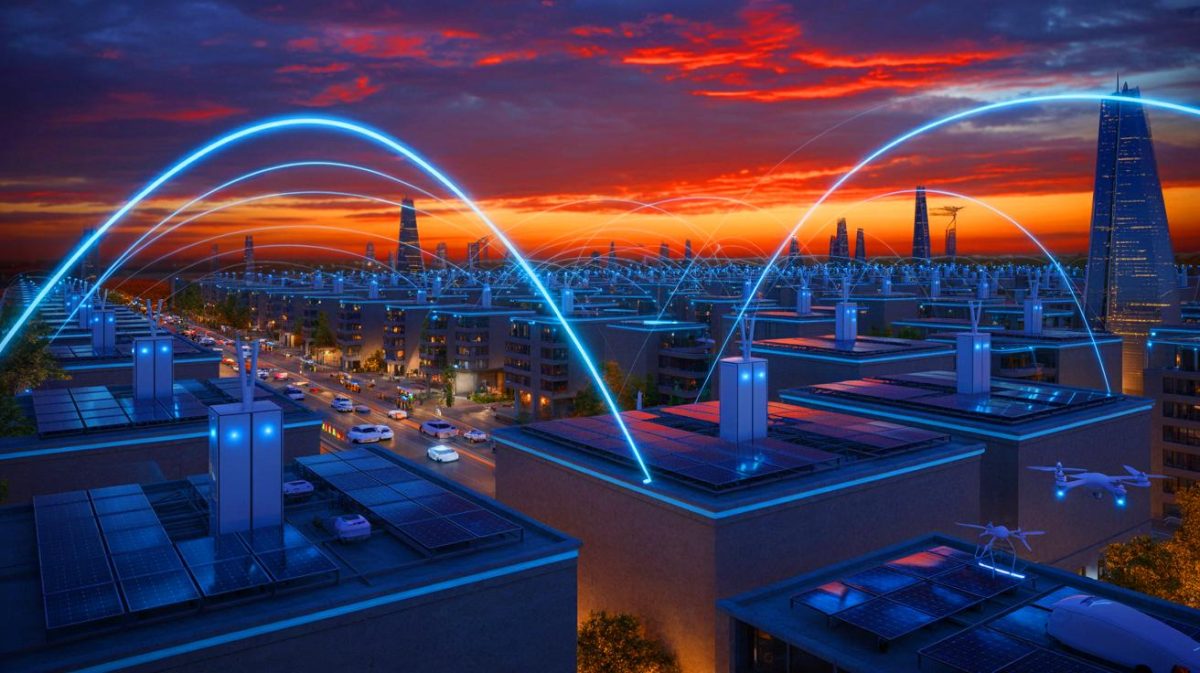 Une percée électrique bouleversante : l’électricité sans fil pourrait bientôt illuminer votre maison grâce à une technologie de transmission par faisceau Illustration de la transmission d'énergie sans fil par faisceau de micro-ondes. Image réalisée par IA.