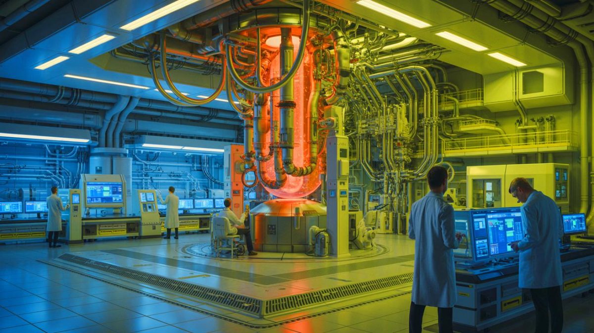 Illustration de l'installation et du bâtiment de la boucle de tritium H3AT. Image réalisée par IA.