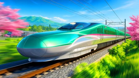 Illustration de l'E10 Tohoku Shinkansen avec un design inspiré de la nature japonaise. Image réalisée par IA.
