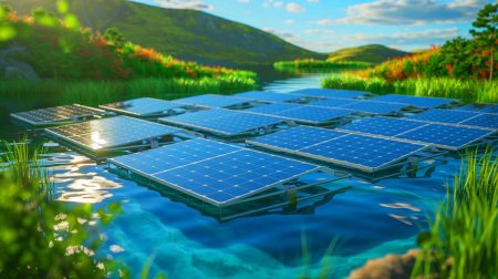 Illustration de panneaux solaires flottants sur un plan d'eau et leur impact environnemental potentiel (création par IA, non réaliste). Crédit : Ideogram