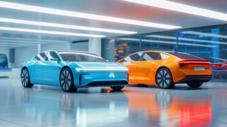Illustration de la dualité entre les voitures à hydrogène et les véhicules électriques. Image réalisée par IA.