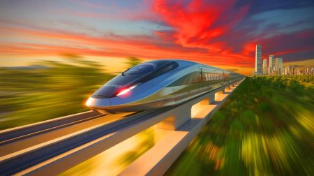 Illustration de la vitesse record du train Maglev atteignant 603 km/h (création par IA, non réaliste). Crédit : Ideogram