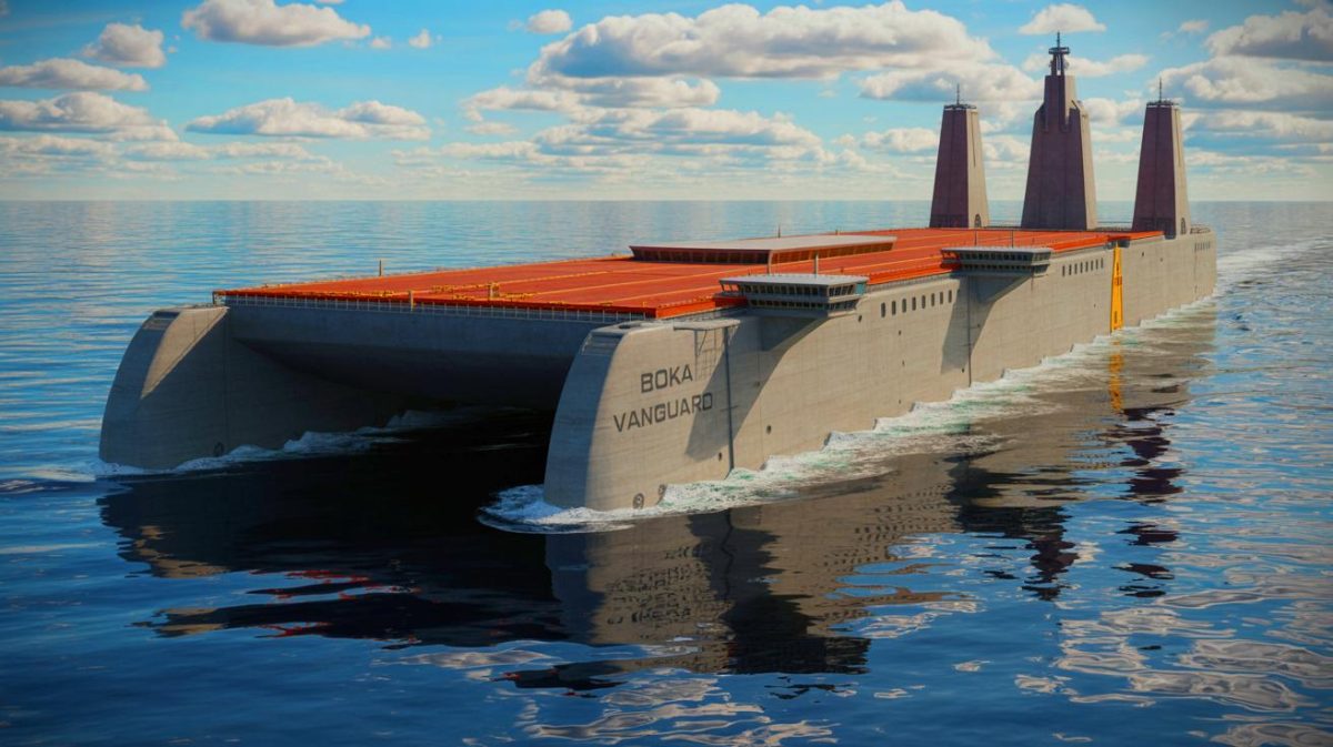 Voici le monstre des océans : découvrez BOKA Vanguard, le gigantesque navire de 275 mètres capable de transporter 110 000 tonnes de colosses marins Illustration du BOKA Vanguard, navire transporteur de charges massives sur l'océan (création par IA, non réaliste). Crédit : Ideogram