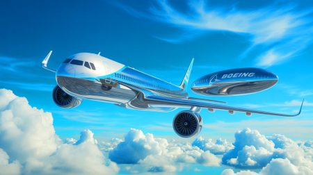 Illustration de l'adoption des thermoplastiques par Airbus et Boeing pour une aviation plus durable. Image réalisée par IA.