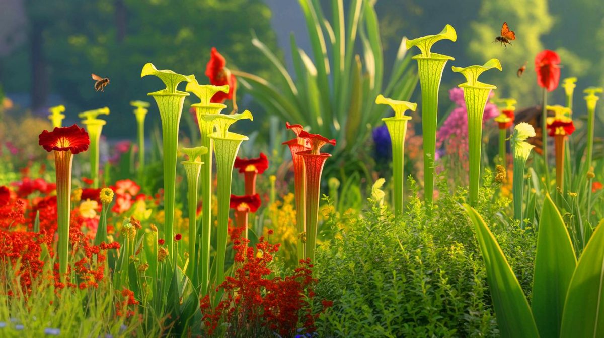 Illustration de la lutte écologique contre les frelons asiatiques dans un jardin grâce au sarracenia. Image réalisée par IA.