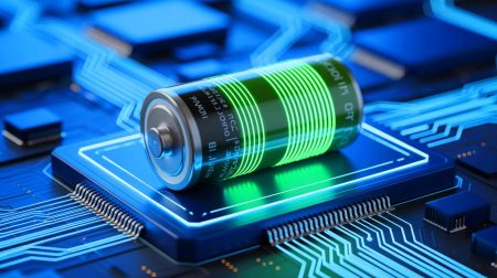 « Elle tient encore après 1 000 cycles » : cette batterie au zinc conserve plus de 82 % de charge sans faiblir Illustration de batterie lumineuse sur fond de circuit numérique bleu. Image réalisée par IA.