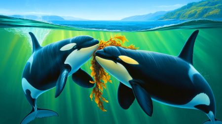 Illustration de l'utilisation du varech par les orques du Salish Sea pour le toilettage mutuel. Image réalisée par IA.