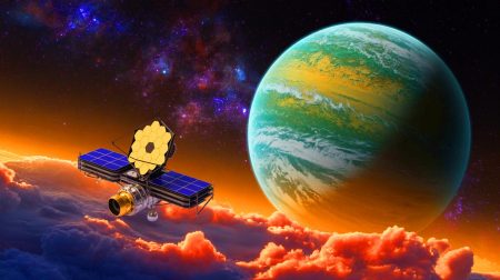 Illustration de l'exoplanète K2-18 b avec des éléments atmosphériques potentiellement liés à la vie. Image réalisée par IA.