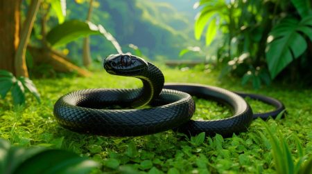 Illustration de la découverte d'un serpent aux yeux noirs sur l'île de Misima. Image réalisée par IA.