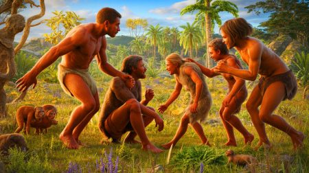 Illustration de l'évolution humaine à travers les croisements entre deux populations ancestrales distinctes. Image réalisée par IA.