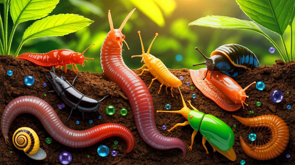 Illustration de la contamination des insectes par les microplastiques dans les écosystèmes terrestres. Image réalisée par IA.