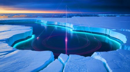 Illustration de signaux radio mystérieux émanant de sous la glace antarctique. Image réalisée par IA.