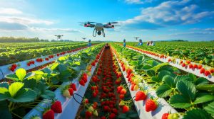 Illustration de la domination chinoise dans la production mondiale de fraises grâce à des innovations technologiques. Image réalisée par IA.