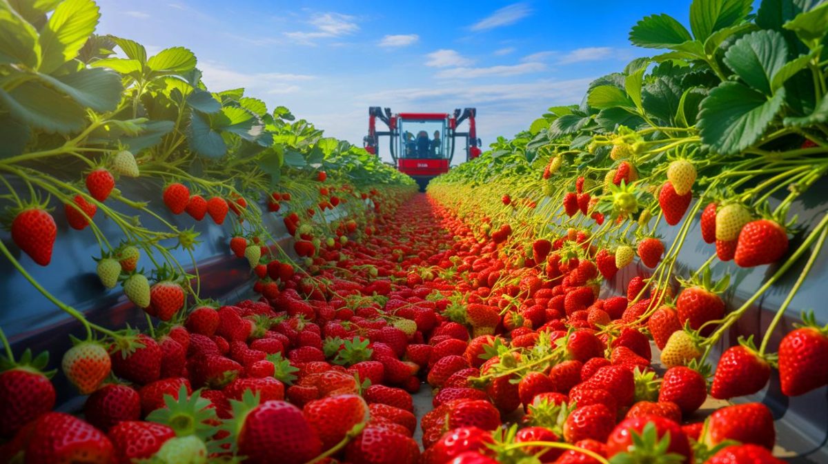 La Chine en état d’alerte agricole : ces 200 000 hectares de fraises qui écrasent la concurrence mondiale et redéfinissent le marché global Illustration de la Chine en tant que leader mondial de la production de fraises grâce à l'innovation technologique. Image réalisée par IA.