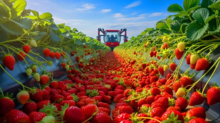 La Chine en état d’alerte agricole : ces 200 000 hectares de fraises qui écrasent la concurrence mondiale et redéfinissent le marché global Illustration de la Chine en tant que leader mondial de la production de fraises grâce à l'innovation technologique. Image réalisée par IA.