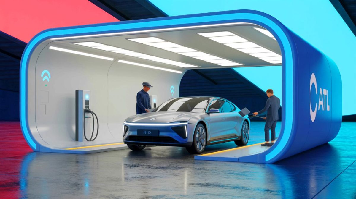 « 30 secondes pour repartir » : la Chine écrase les États-Unis avec un réseau d’échange de batterie sans précédent Illustration de l'alliance entre NIO et CATL pour créer un réseau mondial de stations d'échange de batteries. Image réalisée par IA.