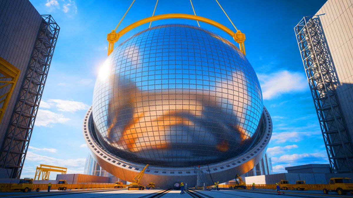« Mille tonnes posées en un éclair » : la Chine impressionne avec une manœuvre nucléaire titanesque jamais vue auparavant Illustration de l'installation d'un dôme de confinement sur le réacteur nucléaire de Haiyang. Image réalisée par IA.