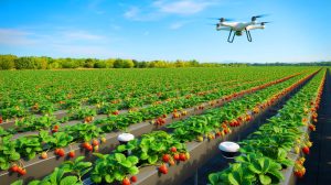 Illustration de la domination de la Chine sur le marché mondial des fraises grâce à des innovations technologiques. Image réalisée par IA.