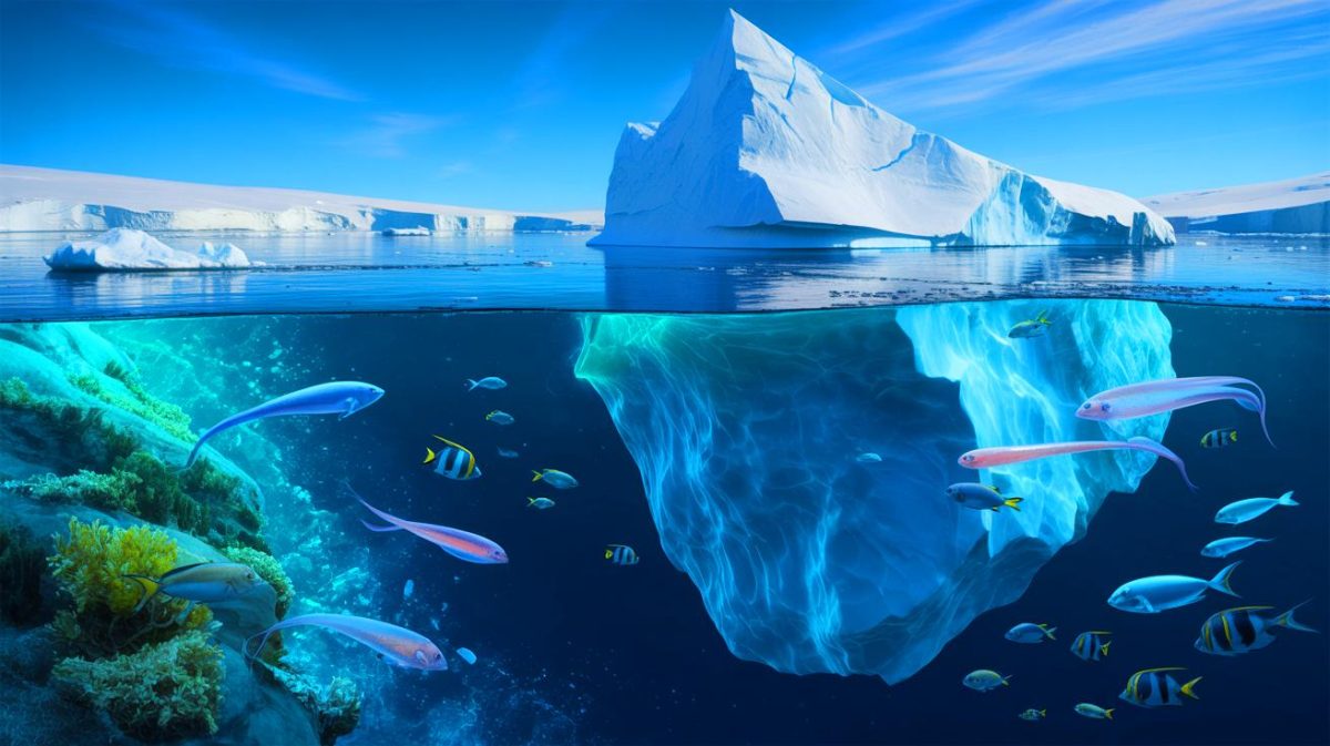 La découverte choquante de l’iceberg A-84 en Antarctique : cet écosystème caché qui bouleverse notre compréhension de la vie sous-marine Illustration de l'écosystème marin révélé par le détachement de l'iceberg A-84 en Antarctique. Image réalisée par IA.