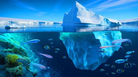 Illustration de l'écosystème marin révélé par le détachement de l'iceberg A-84 en Antarctique. Image réalisée par IA.