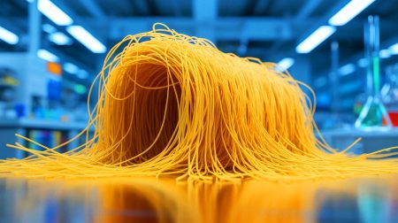 Illustration des spaghettis les plus fins du monde conçus pour des applications médicales. Image réalisée par IA.