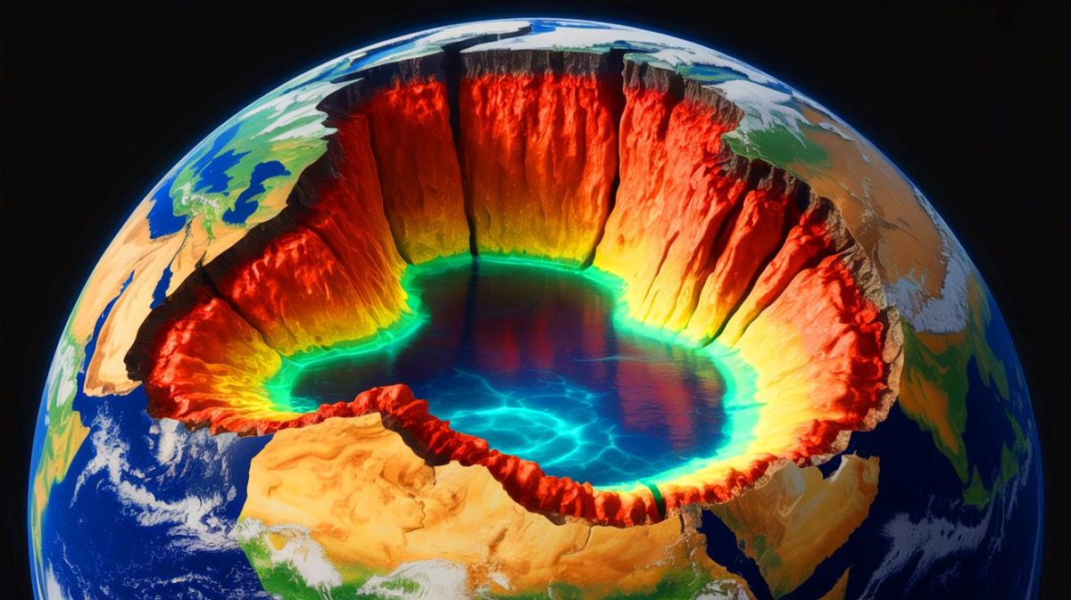 Illustration de l'intérieur de la Terre avec un océan souterrain caché. Image réalisée par IA.