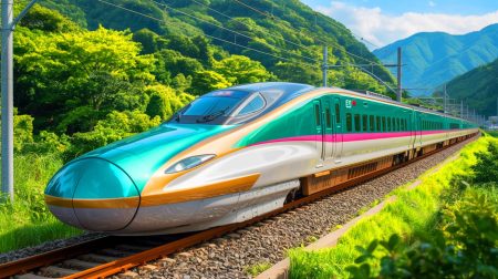 Illustration de l'E10 Tohoku Shinkansen avec son design inspiré de la nature japonaise. Image réalisée par IA.