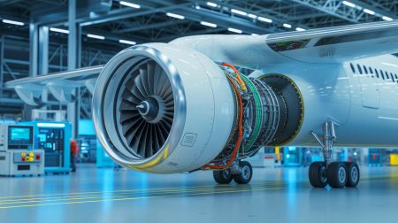 Illustration de l'innovation technologique dans l'aviation durable avec le moteur électrique ENGInEUS 100. Image réalisée par IA.