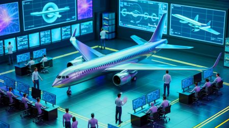 Illustration de la collaboration entre Airbus, Oxford Ionics et Quanscient pour transformer l'aéronautique grâce au calcul quantique. Image réalisée par IA.