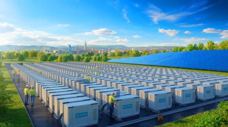 Illustration de la plus grande installation de stockage d'énergie par batteries en Hongrie. Image réalisée par IA.