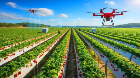 Illustration de la domination chinoise sur le marché mondial des fraises grâce à des avancées technologiques. Image réalisée par IA.
