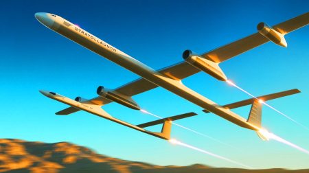 Illustration de l'avion Stratolaunch Roc lançant le Talon-A2 à des vitesses hypersoniques. Image réalisée par IA.