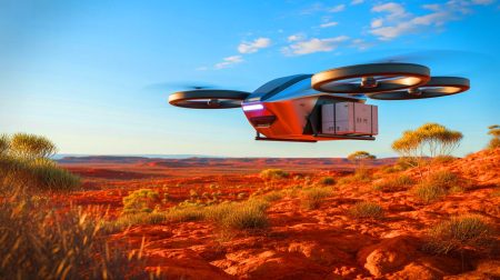 Illustration de drones AURA-E survolant les vastes étendues australiennes pour le transport de marchandises. Image réalisée par IA.
