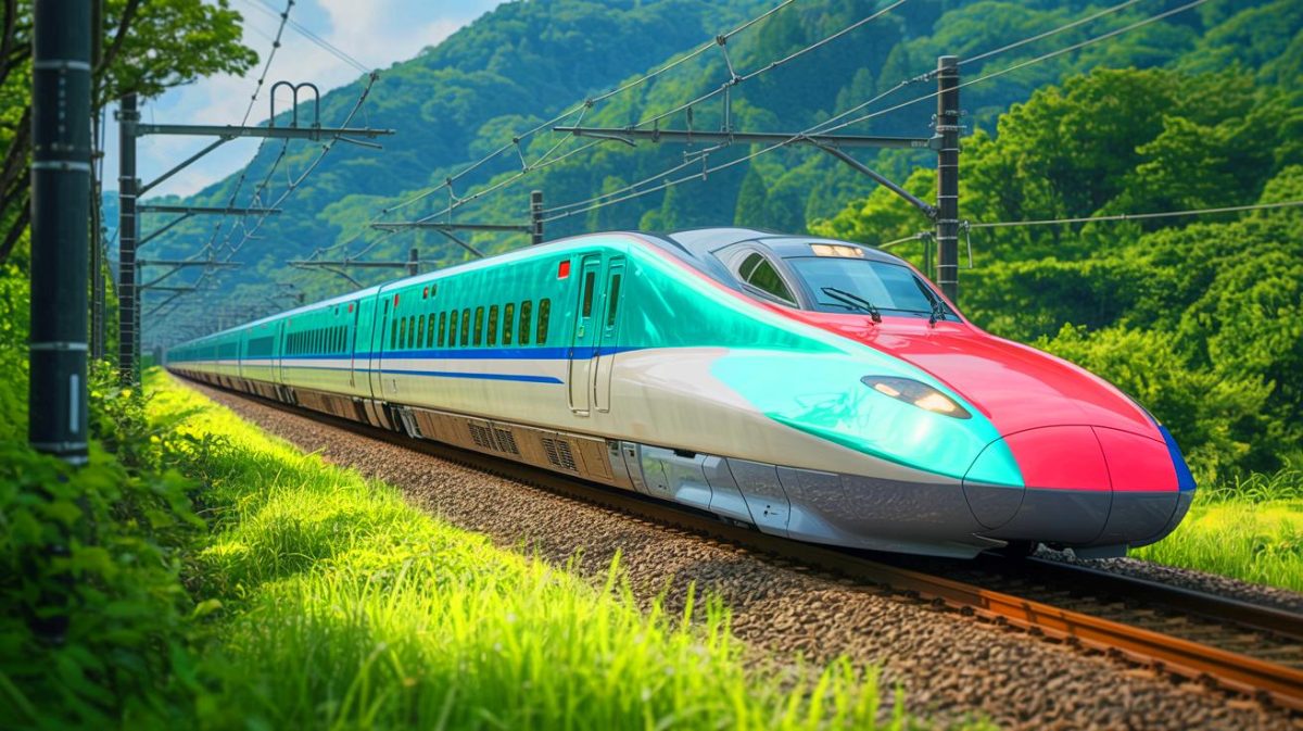 Illustration de l'E10 Tohoku Shinkansen avec son design inspiré des paysages japonais. Image réalisée par IA.