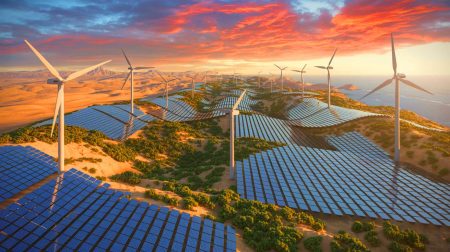 Illustration de l'expansion ambitieuse de TotalEnergies sur trois continents dans la production d'électricité verte. Image réalisée par IA.