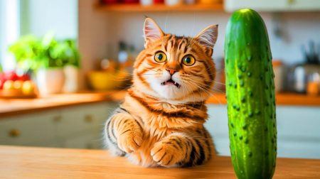 Illustration de la réaction d'un chat face à un concombre, mettant en avant ses instincts de survie. Image réalisée par IA.