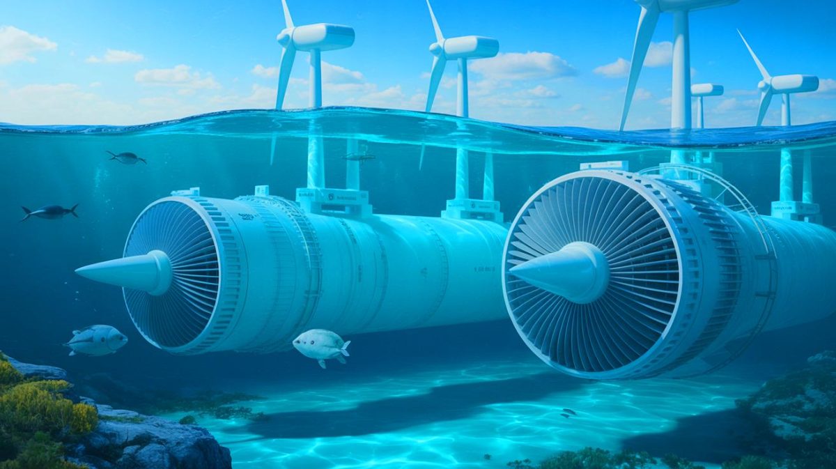 Illustration de l'exploitation des courants marins par des turbines sous-marines pour produire de l'énergie renouvelable. Image réalisée par IA.