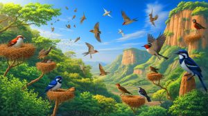 Illustration de la renaissance écologique du plateau de Lœss et du retour des oiseaux. Image réalisée par IA.