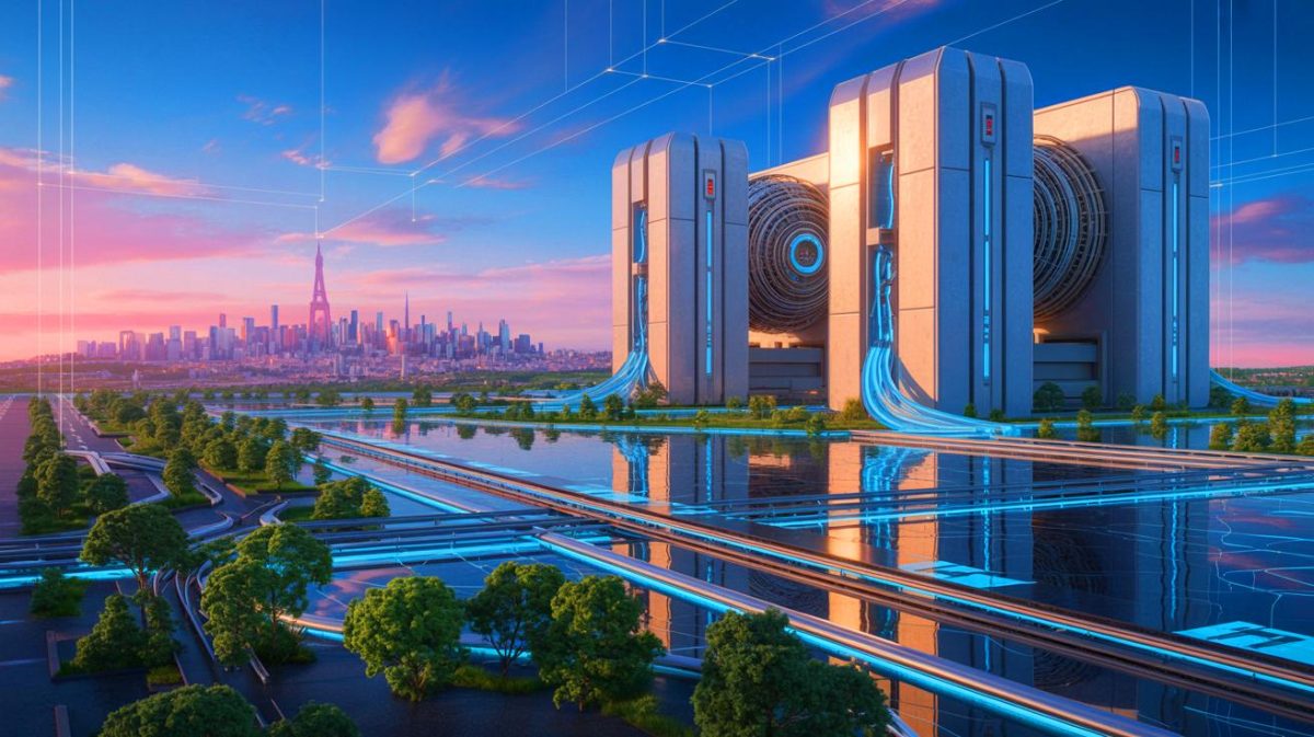 Illustration de la transformation technologique de la France grâce à l'énergie nucléaire et à l'intelligence artificielle. Image réalisée par IA.