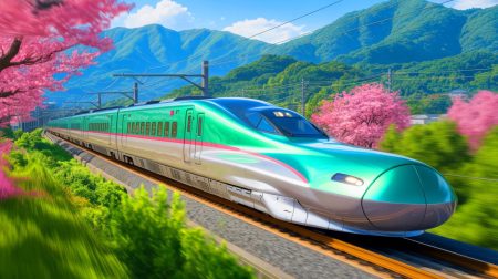 Illustration de l'E10 Tohoku Shinkansen inspiré par les paysages naturels japonais. Image réalisée par IA.