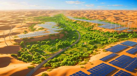 Illustration de la transformation du désert de Taklamakan en oasis écologique par la Chine. Image réalisée par IA.