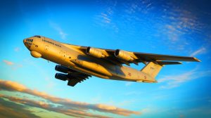 Illustration de l'avion militaire Lockheed C-5M Super Galaxy en plein vol. Image réalisée par IA.