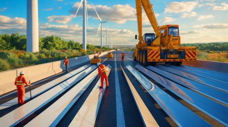 Illustration de la transformation des pales d'éoliennes en matériaux pour infrastructures routières. Image réalisée par IA.