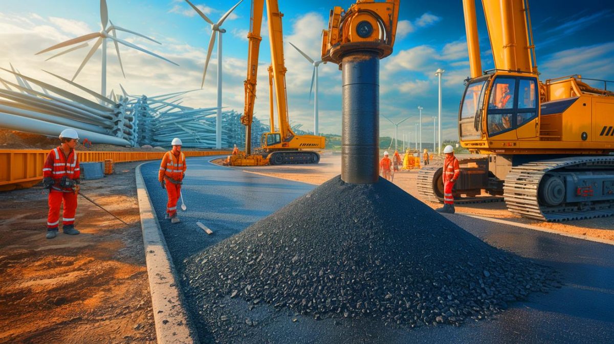 Des lames d’éoliennes de 310 mètres recyclées en routes surpuissantes : une innovation qui fascine les ingénieurs du BTP Illustration de pales d'éoliennes recyclées en asphalte pour routes. Image réalisée par IA.
