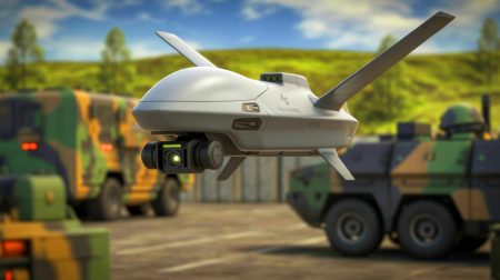 Illustration de la nouvelle technologie de guerre électronique de Thales intégrée sur un drone léger. Image réalisée par IA.