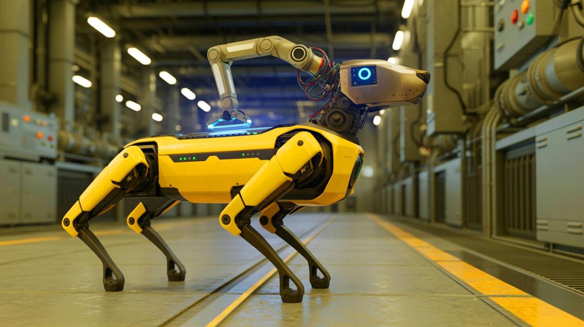 « Il renifle les traces invisibles » : un chien robot déployé pour traquer la radioactivité dans une ancienne centrale en Espagne Illustration de la centrale nucléaire de Santa María de Garoña avec le robot quadrupède Spot en action. Image réalisée par IA.