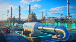 Illustration de l'introduction de l'hydrogène vert dans la raffinerie de Leuna par TotalEnergies et RWE. Image réalisée par IA.